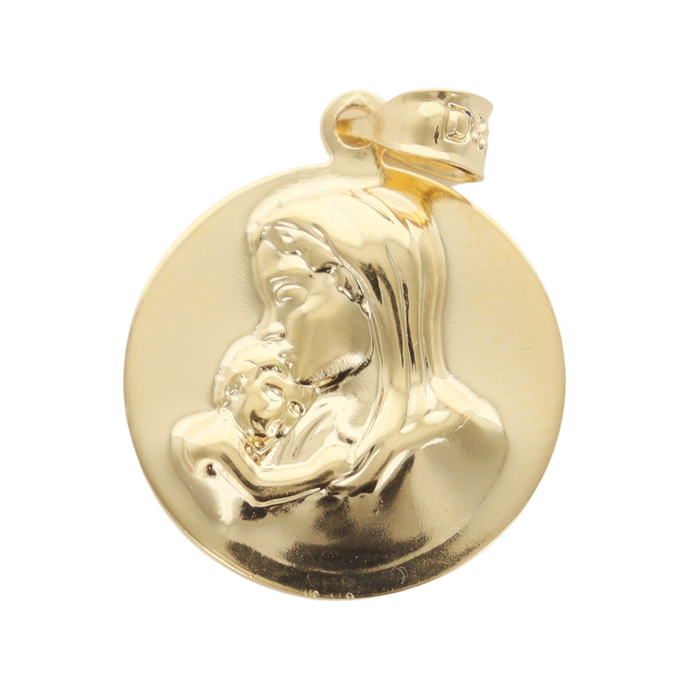 Médaille en plaqué or Ø 1,5 cm de la Vierge à l'enfant. Livrée en boîte.