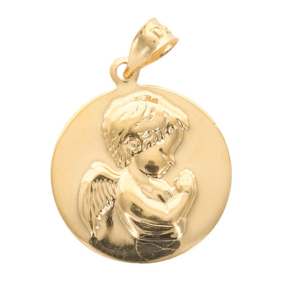 Médaille en plaqué or Ø 1,5 cm de l'Ange en prière. Livrée en boîte.