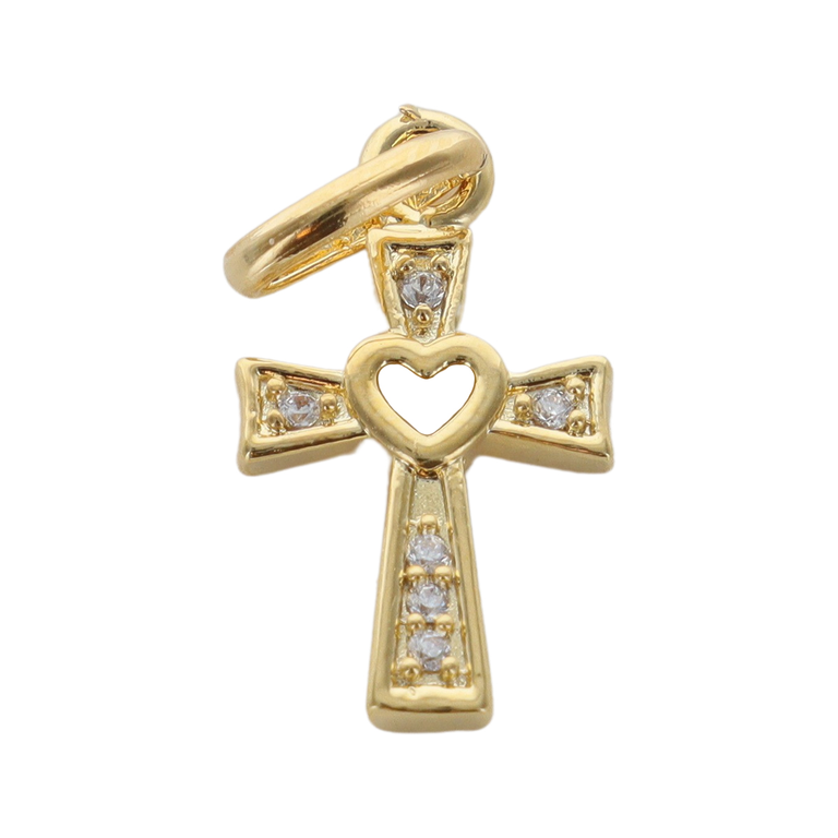 Croix de cou en plaqué or avec coeur au centre H. 1,5 cm (2,10 g). Livrée en boîte