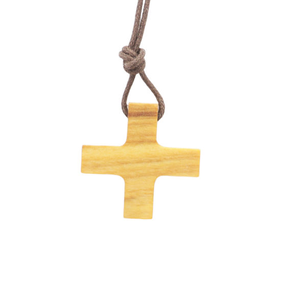 Croix de cou carrée en bois d'olivier H.2.4 cm avec cordon cuir 70 cm.
