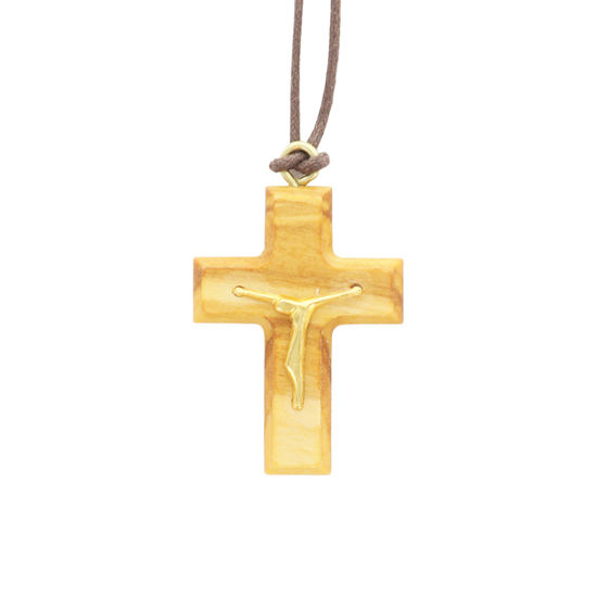 Croix de cou biseautée en bois d'olivier avec Christ couleur dorée H. 3,5 cm avec cordon cuir 70 cm.