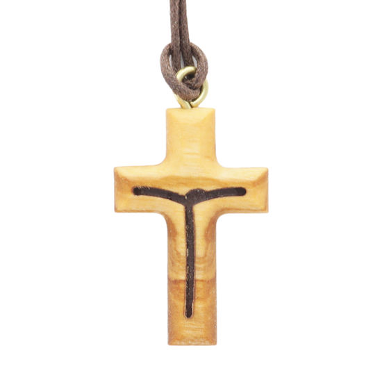 Croix de cou en bois d'olivier avec Christ moderne évidé H. 3.2 cm et cordon cuir 70 cm.