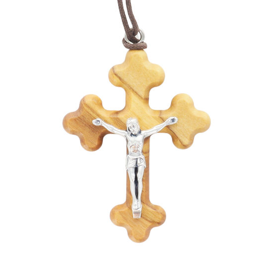 Croix orthodoxe de cou en bois d'olivier avec Christ métal H. 5 cm et cordon cuir 70 cm.