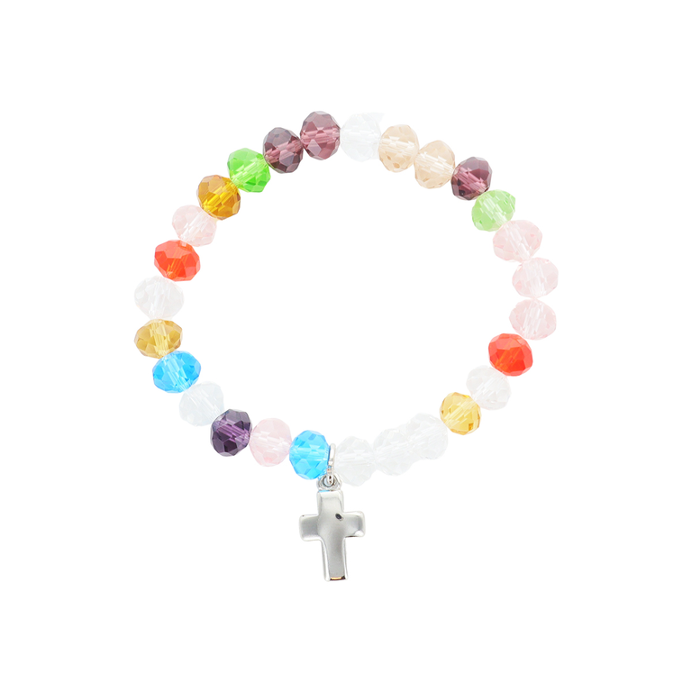 Bracelet sur élastique pour enfant, grains en verre multicolore Ø 6 mm, avec croix métal.
