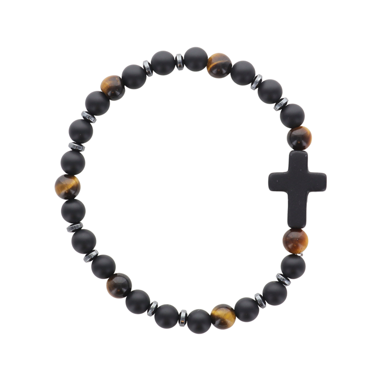 Bracelet sur élastique grains oeil de tigre et agate noire Ø 4 mm, avec croix.