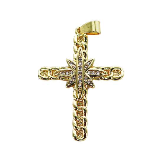 Croix de cou torsadée, dorée supérieur avec zircon au centre H. 3,5 cm.