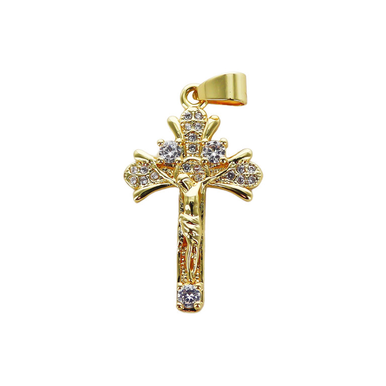 Croix de cou dorée supérieur avec christ et petit zircon sertie H. 3,0 cm.