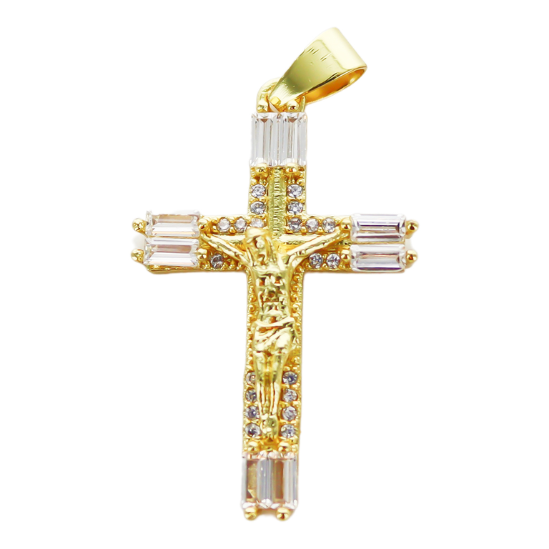 Croix de cou dorée supérieur avec christ et zircon rectangulaire aux extrémités H. 3,2 cm.