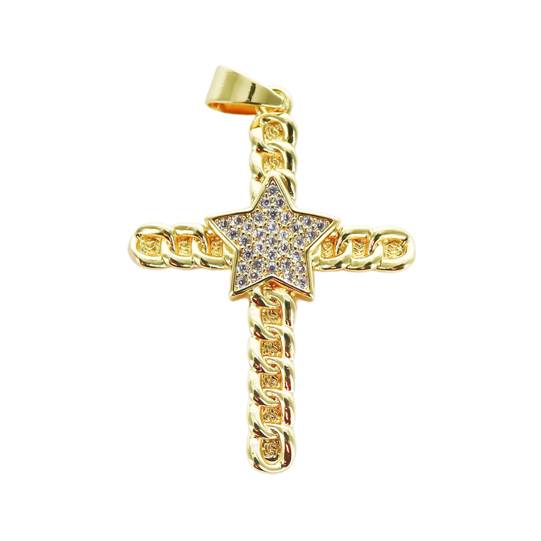 Croix de cou dorée supérieur au centre étoile avec zircon  H. 3,5 cm.