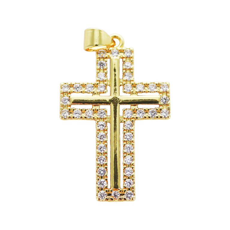 Croix de cou dorée supérieur avec zircon, centre croix baton H. 2,9 cm.