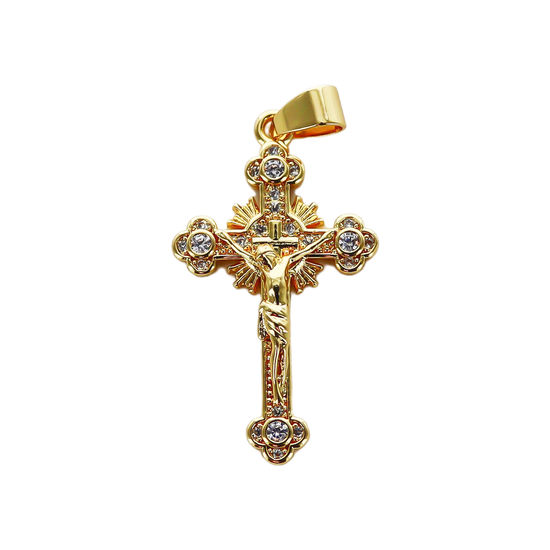 Croix de cou dorée supérieur style orthodoxe avec Christ et zircon H. 3,3 cm.