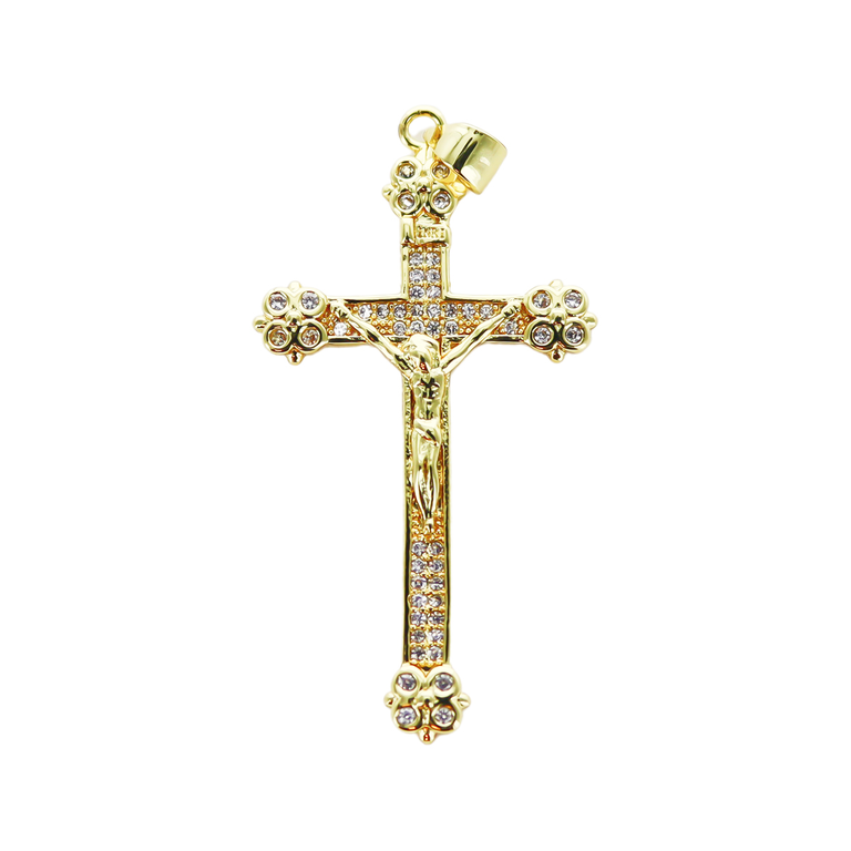 Croix de cou dorée supérieur style orthodoxe avec Christ et zircon H. 3,5 cm.