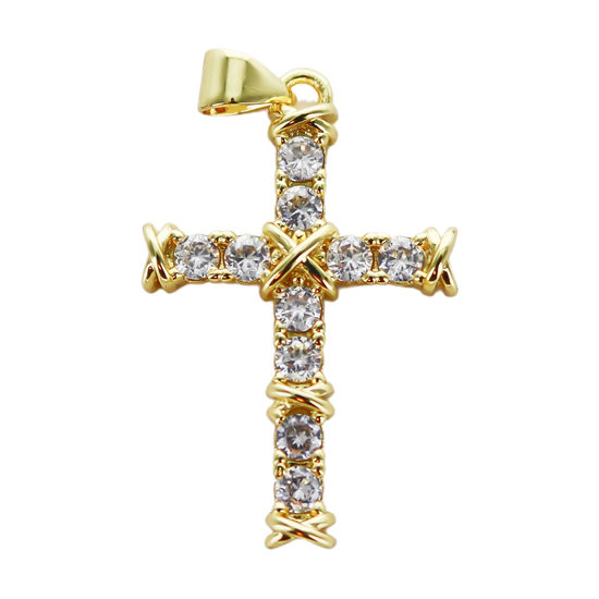 Croix de cou dorée supérieur avec décor anneaux et zircon H. 3 cm.