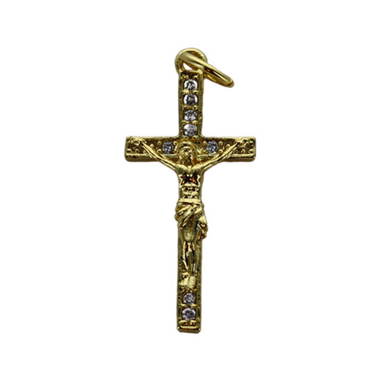 Croix de cou dorée supérieur avec Christ et zircon H. 2,3 cm.