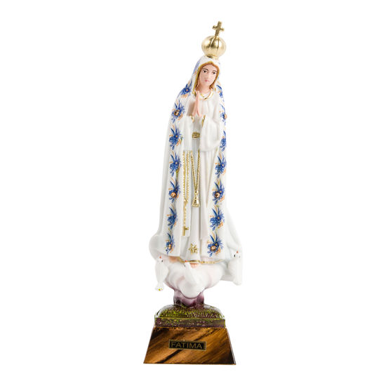 Statue résine de Notre-Dame de Fatima manteau décoré de fleurs bleues et strass, Hauteur 17 cm.