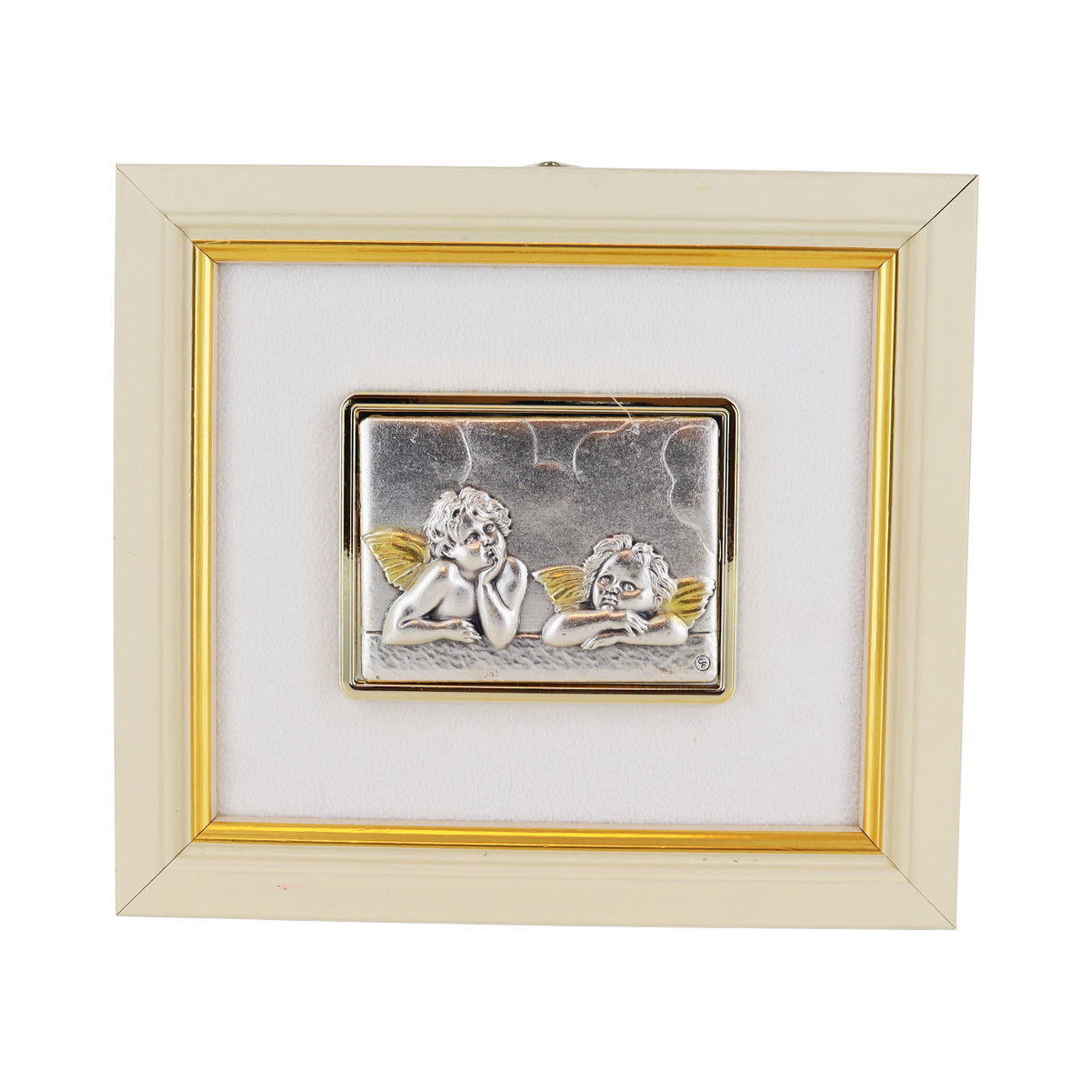 Cadre en bois à suspendre H. 13 x 11.5 cm sujet en plaque laminé argentée et dorée, plusieurs modèles.