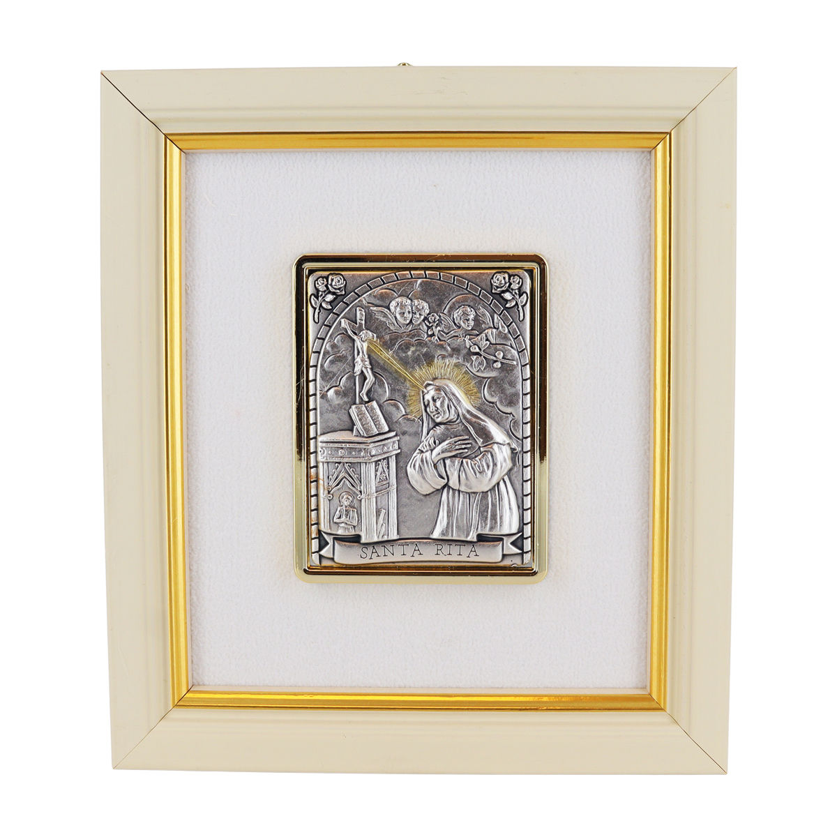 Cadre en bois à suspendre H. 13 x 11.5 cm sujet en plaque laminé argentée et dorée, plusieurs modèles.