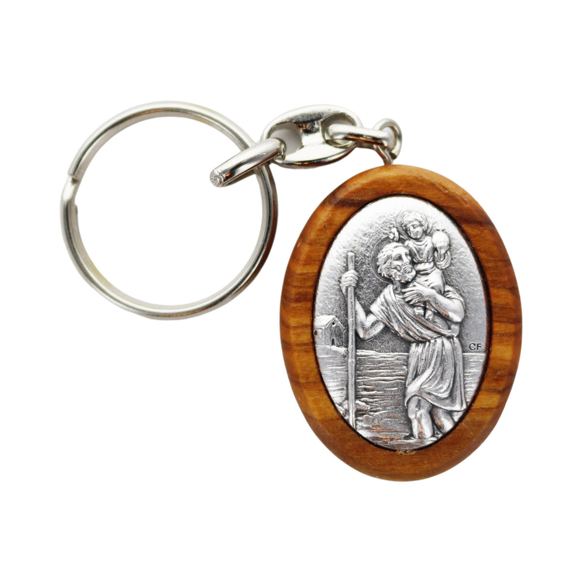 Porte-clés H. 4 cm en bois d´olivier et plaque métal couleur argentée, plusieurs saints.