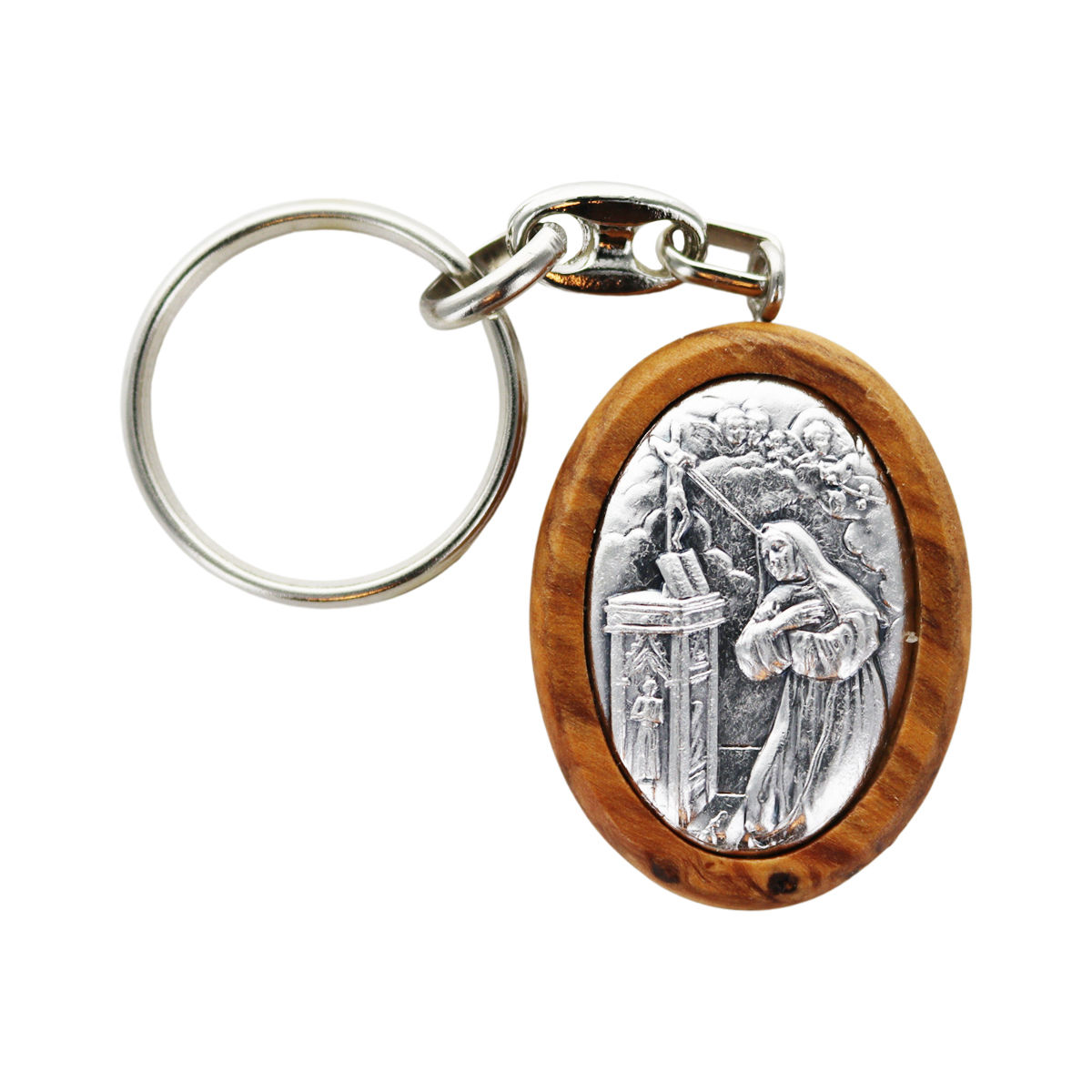 Porte-clés H. 4 cm en bois d´olivier et plaque métal couleur argentée, plusieurs saints.