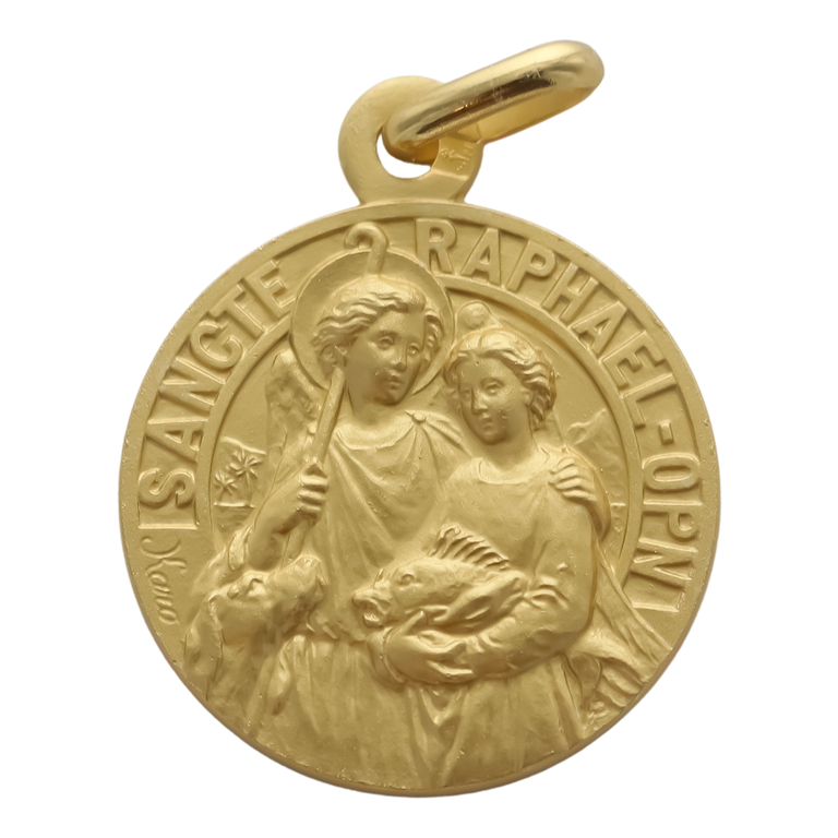 Médaille en plaqué or de saint Raphaël Ø 18 mm. Livrée en boite. 