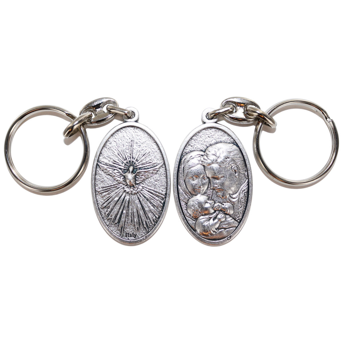 Porte-clés H. 4.5 cm en métal couleur argentée, plusieurs saints.