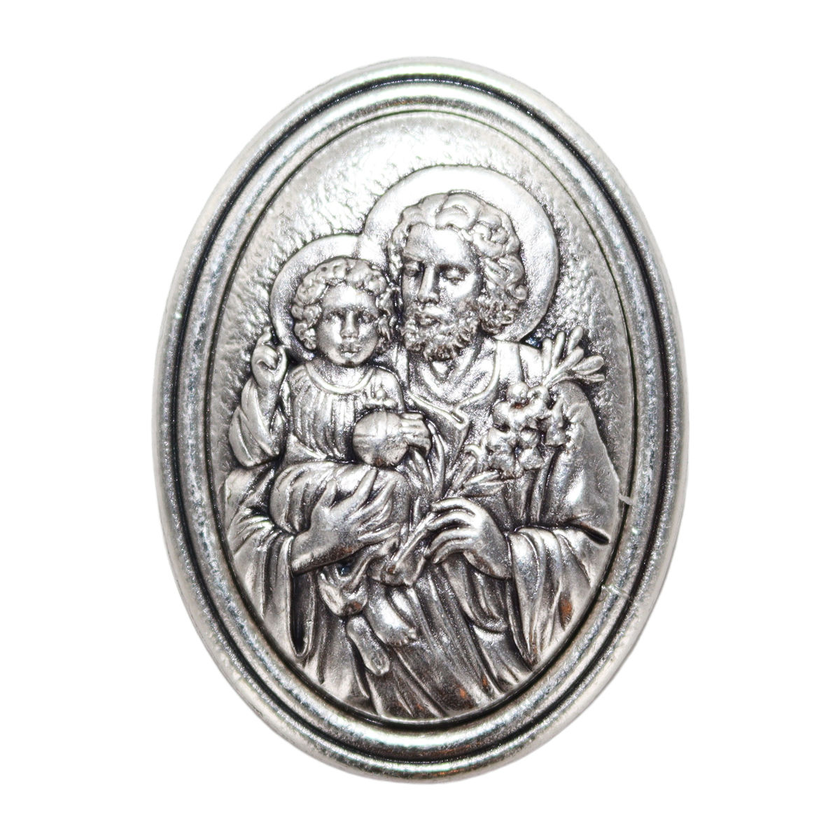 Plaque auto ovale H. 3.8 cm en métal couleur argentée. Plusieurs saints.