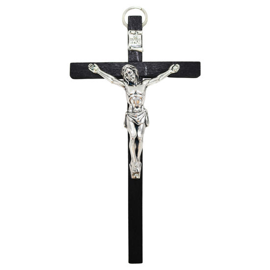 Crucifix bois noir avec Christ métal couleur argentée. Plusieurs tailles.