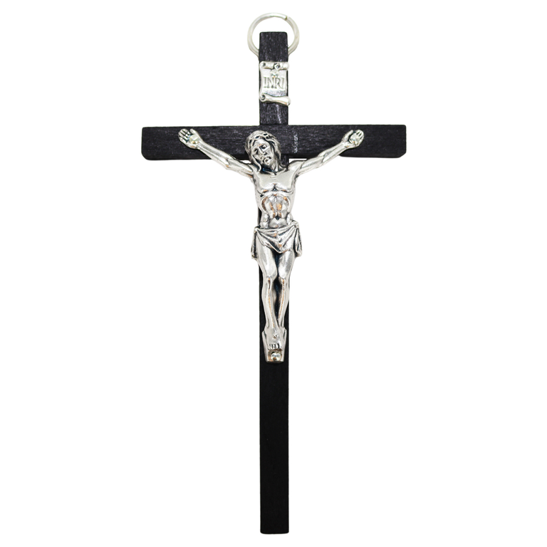 Crucifix bois noir avec Christ métal couleur argentée. Plusieurs tailles.