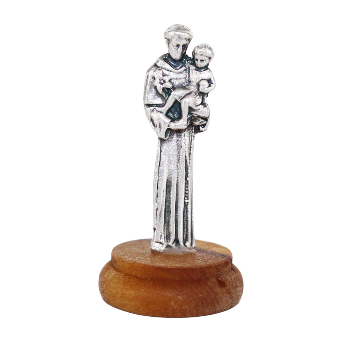 Statue en métal sur socle bois ovale, Hauteur 4.8 cm, plusieurs saints.