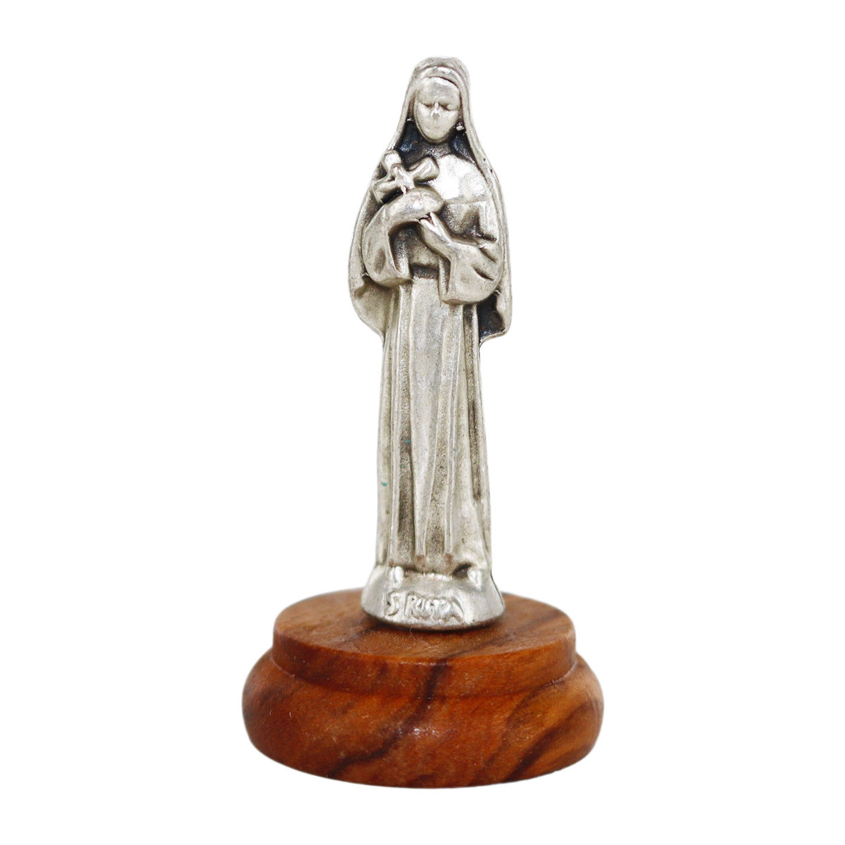 Statue en métal sur socle bois ovale, Hauteur 4.8 cm, plusieurs saints.