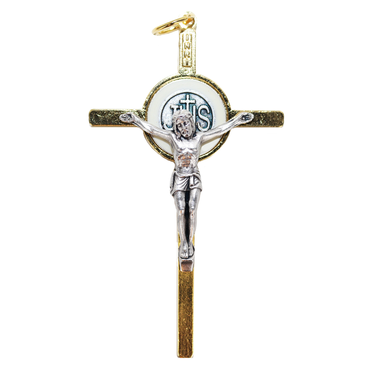 Crucifix métal couleur dorée avec inscription JHS et Christ métal couleur argentée - H. 9 cm.