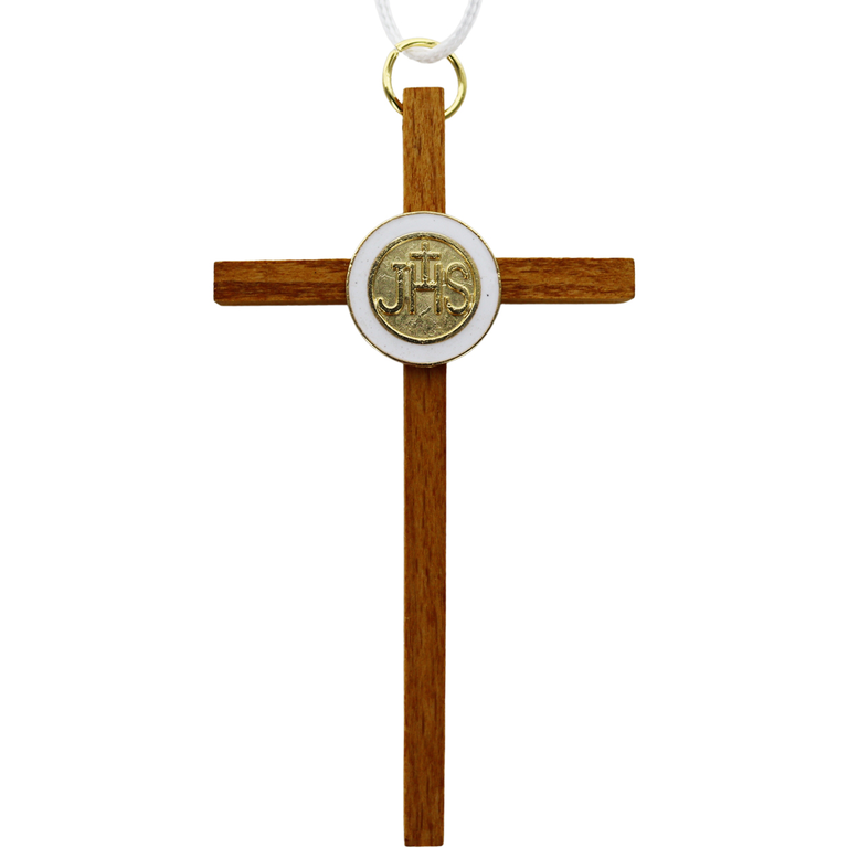 croix de communion en bois avec inscription JHS et cordon blanc - H. 10 cm.