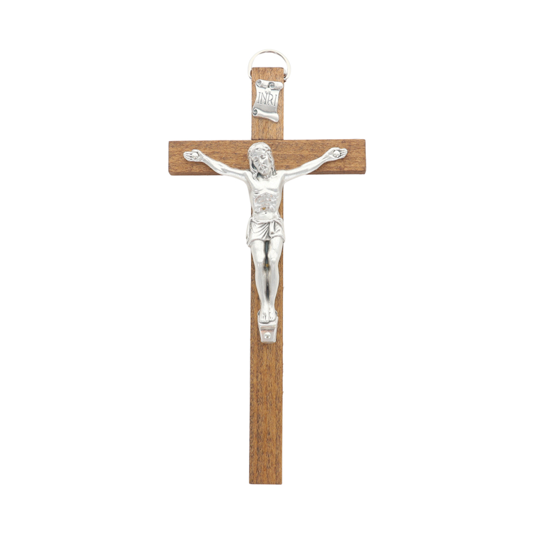 Crucifix en bois H. 20 cm avec Christ métal ou Fluo