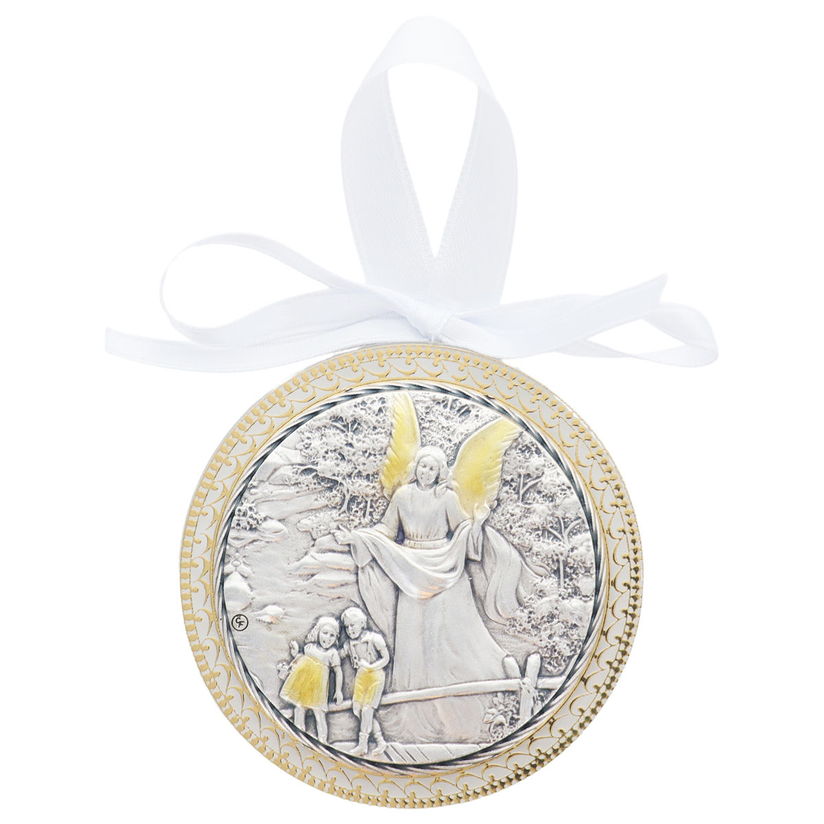 Médaille de berceau support plexi, plaque laminée couleur argentée et dorée Ø 6.5 cm avec ruban blanc. Livrée en boite. Plusieurs modèles.