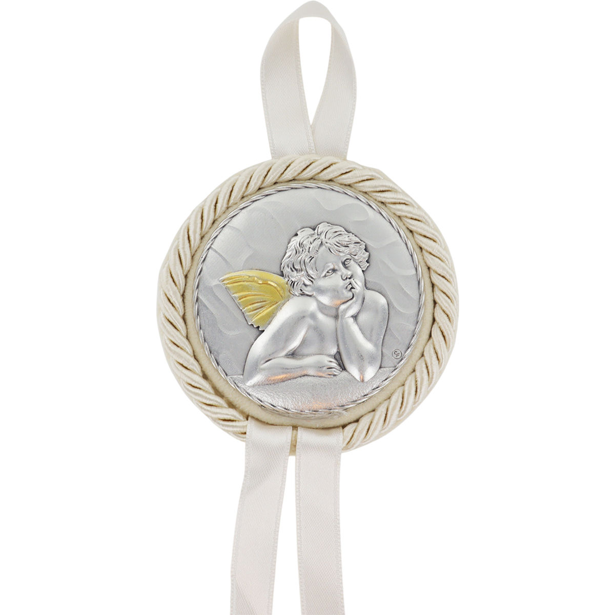 Médaille de berceau en velours blanc ruban torsadé, plaque laminée Ø 6.5 cm avec ruban. Livré en boite. Plusieurs modèles.