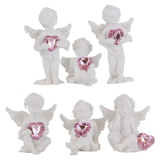 Boîte de 12 anges en résine avec coeur - H. 4-7 cm (2 lots de 6 anges assortis)