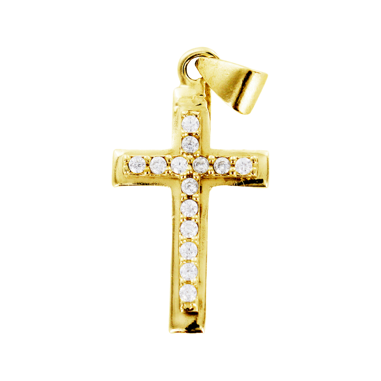 Croix en plaqué or avec zirconium H. 2 cm. Livrée en boîte.