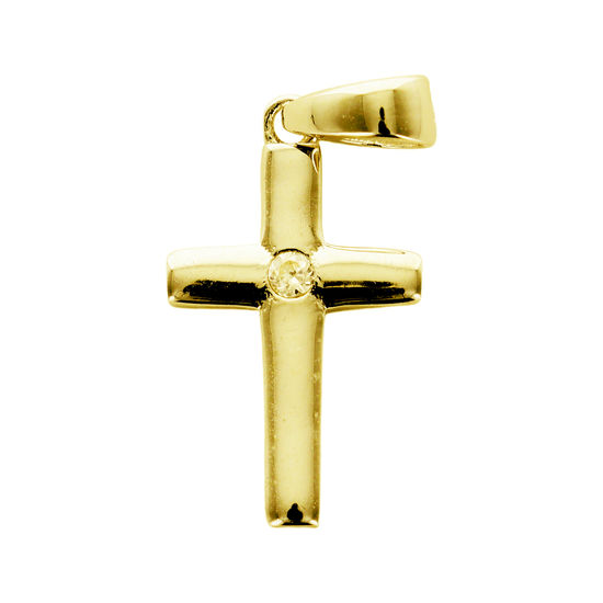 Croix en plaqué or avec zirconium au centre H. 1,8 cm. Livrée en boîte.