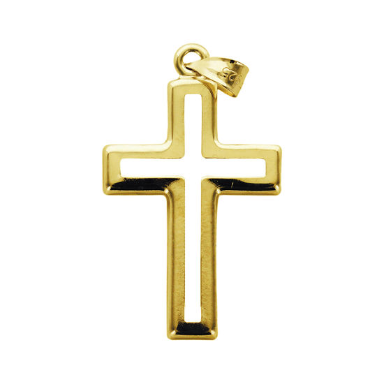 Croix en plaqué or ajourée H. 2,3 cm. Livrée en boîte.