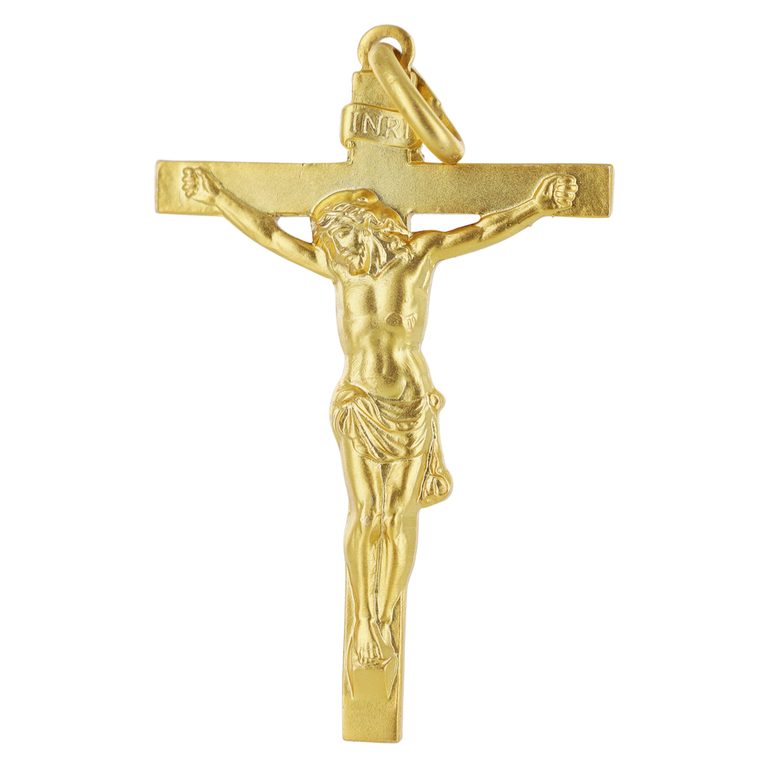 Croix de cou en plaqué or avec Christ H. 4 cm. Livrée en boîte