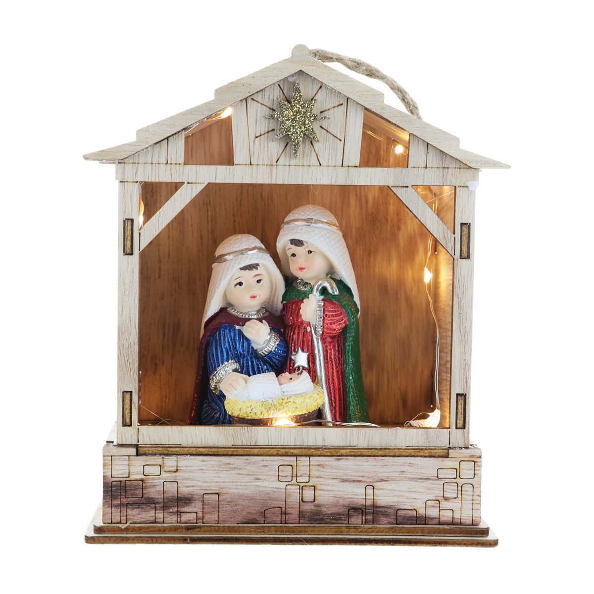 Nativité lumineuse en résine avec cabane bois à poser ou à suspendre H. 14.3 cm