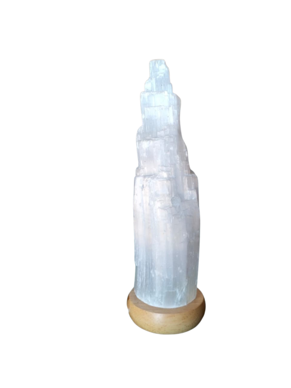 Lampe en cristal de Sélénite avec socle bois en boite individuelle avec cordon et ampoule. Plusieurs tailles.