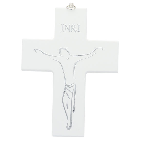 Croix en bois avec Christ stylisé argenté - H. 16 cm.