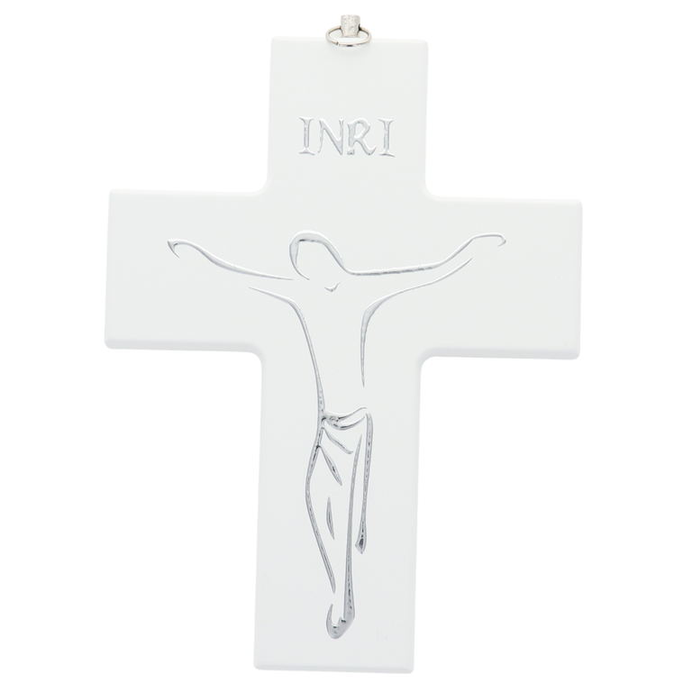 Croix en bois avec Christ stylisé couleur argentée - H. 16 cm.