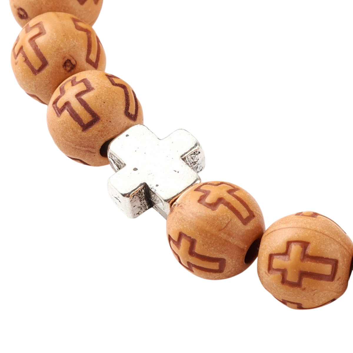 Bracelet sur élastique imitation bois avec croix Ø 7 mm. Lot de 3 avec croix assortie.
