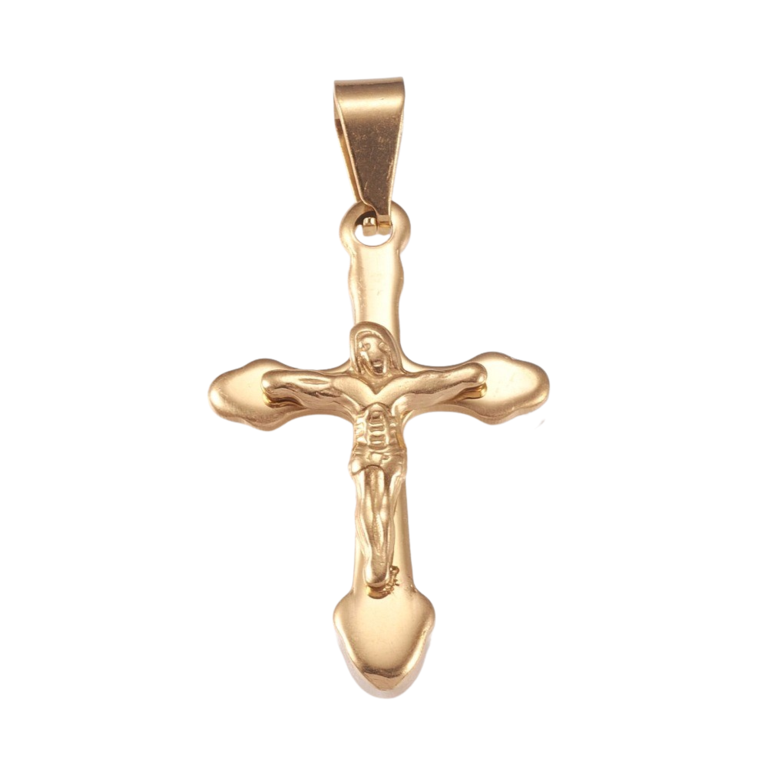 Croix de cou avec Christ couleur dorée en acier inoxydable H. 3,7 cm.