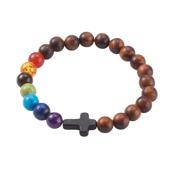 Bracelet sur élastique grains en bois et pierres multicolores Ø 8 mm et croix.