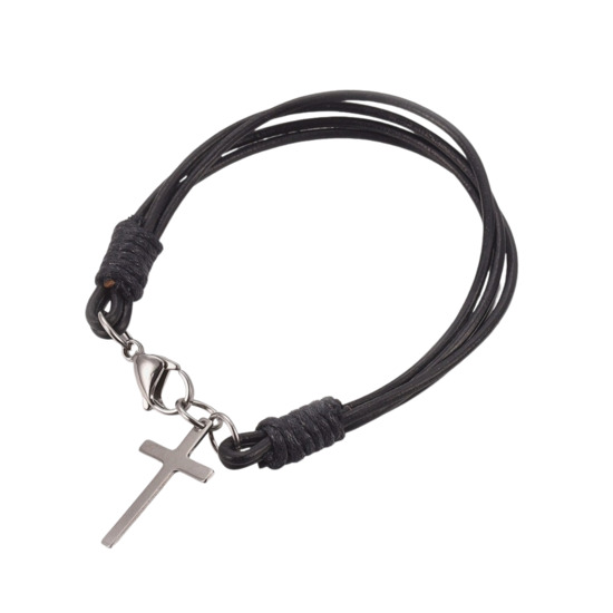 Bracelet cordon en cuir noir multibrin avec fermoir pince de homard et croix.