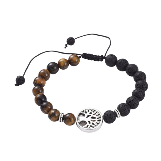 Bracelet sur corde réglable grains en pierre de lave et œil de tigre Ø 6/8 mm avec arbre de vie.
