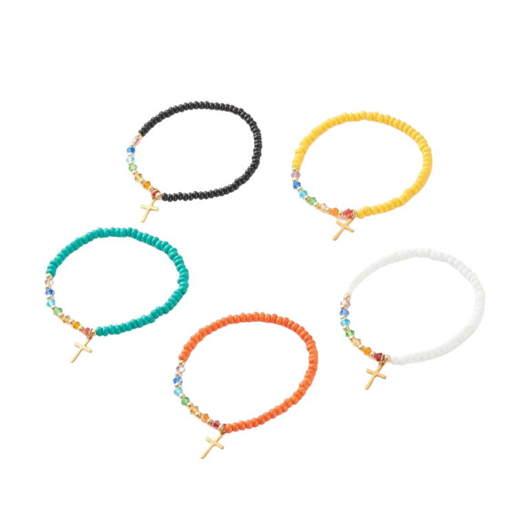 Bracelets sur élastique grain perle multicolore Ø 4 mm. Lot de 5, couleurs assorties.